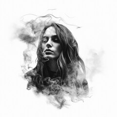 Fototapeta premium Double Exposure style image of a woman surrounded by dark smoke, portrait on a blank background