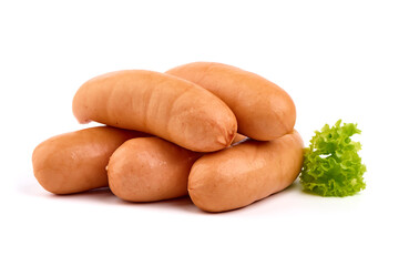 Fresh boiled sausages with lettuce, close-up, isolated on white background.