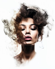 Fototapeta premium Double Exposure style image of a woman surrounded by dark smoke, portrait on a blank background