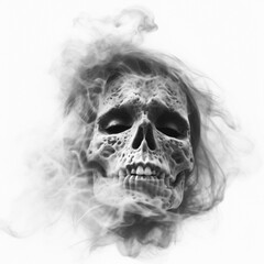 A decaying face in a double exposure style with black smoke and white background