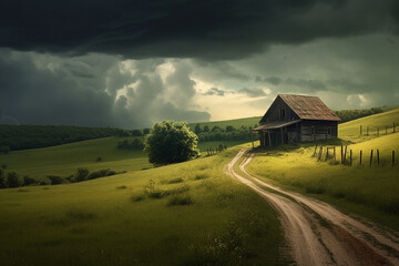 A lonely wooden house by a dirt road and a cloudy sky
