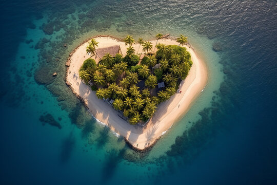 An island in the ocean with heart-shaped palm trees