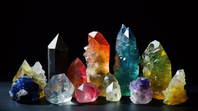 Set of gemstones crystals. Minerals for esoteric crystal ritual. spiritual Magic practice, relaxation, meditation, life balance. Reiki therapy