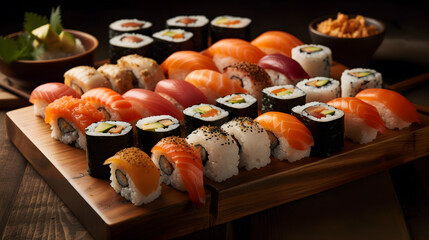various kinds of Japanese shusi dishes on wooden table ,generative ai
