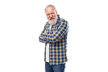 handsome 50s mid aged grey-haired man with a beard in a shirt on a white background