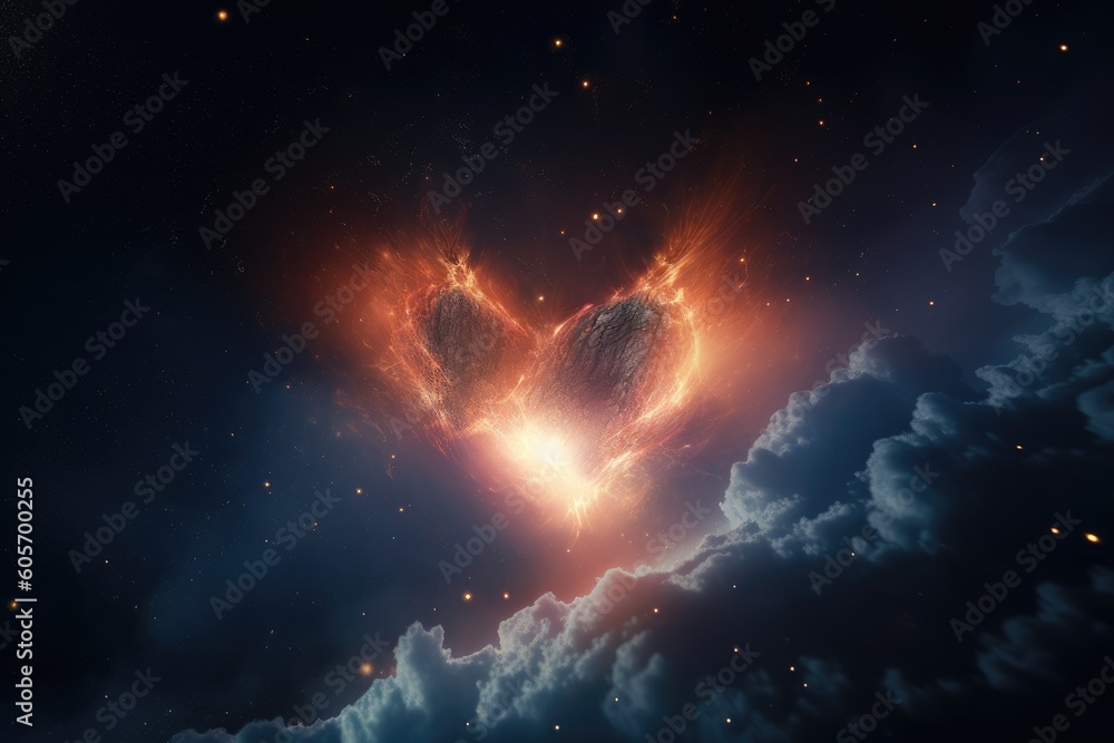 Poster heart, with rays of light shining through clouds of nebula dust and gas, created with generative ai