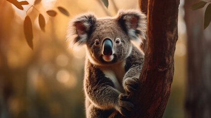 Beautiful close-up of a cute koala hanging on a Eucalyptus tree, made with generative AI