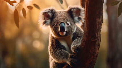 Fototapeta premium Beautiful close-up of a cute koala hanging on a Eucalyptus tree, made with generative AI