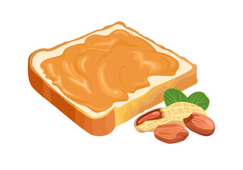 Peanut butter on toast bread and nuts isolated on white. Vector illustration of sandwich in cartoon flat style.