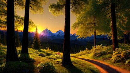 Stunning view of the landscape of sunset golden hour the mountains and forest. Generative AI technology