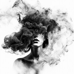 Double Exposure style image of a woman surrounded by dark smoke, portrait on a blank background © miketea88