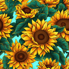 Seamless pattern, sunflowers in vintage style with leaves close-up.