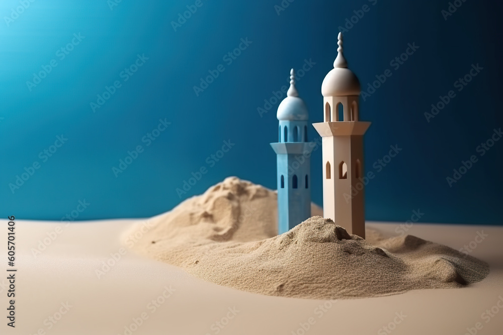 Poster a sand castle on a beach with a blue background. generative ai. festive background with copy-space.