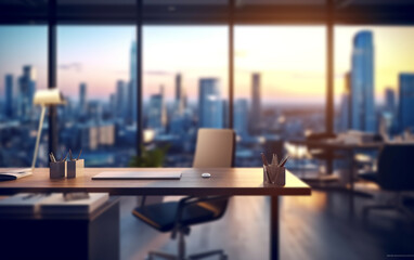 workspace blurred office in the evening, interior workplace with cityscape for business presentation background, Generative AI	
