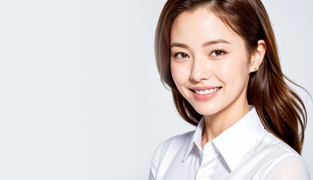 A charming Asian girl with a friendly demeanor dons a white shirt as she looks directly at the camera, her warm smile radiating joy and positivity. generative AI.