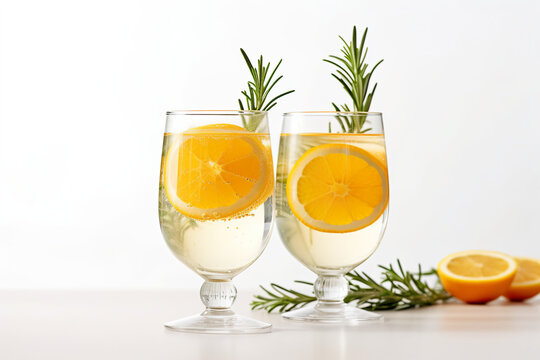 Two glasses of Rosemary Citrus Sprizer with orange slices and a sprig of rosemary. AI generative image.