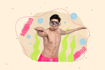 Creative composite concept 3d sketch collage photo of handsome positive man diving swimming under...