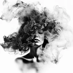Double Exposure style image of a woman surrounded by dark smoke, portrait on a blank background © miketea88