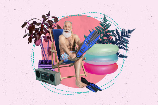 Creative composite abstract 3d collage photo of old positive funny good mood man sit in chair puts on flippers isolated painted background
