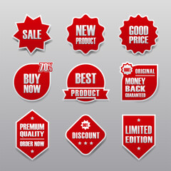 complete set collection of label stickers for product promotion sales in red color