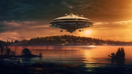 Fototapeta na wymiar Unidentified flying object - UFO. Sci-fi concept image of ufology and life outside planet earth.