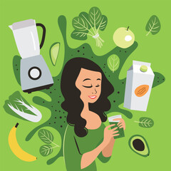 Smiling young woman hold fresh organic green smoothie from vegetables and fruits made in blender. Vegetarian juice or cocktail ingredients set. Healthy eating and lifestyle. Vector illustration.