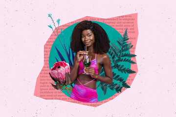 Creative composite collage illustration photo of adorable beautiful satisfied girl drinking exotic...