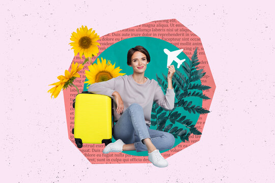Collage portrait of positive mini girl arm hold paper plane suitcase plant leaves sunflower book page text isolated on painted background
