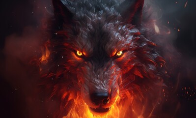 portrait of a wolf in anger the mouth of a wolf, fiery background
