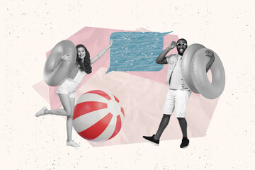 Artwork collage of two black white colors people hold inflatable ring ball water dialogue bubble...