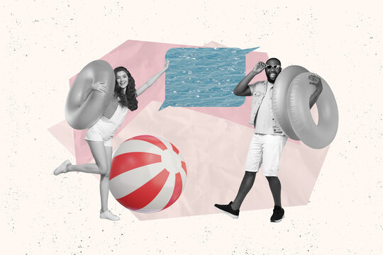 Artwork collage of two black white colors people hold inflatable ring ball water dialogue bubble isolated on creative background