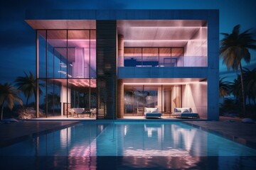 Obraz na płótnie Canvas Modern sea villa w/ abstract concrete & wood interior, neon lights. 3D rendering. Generative AI