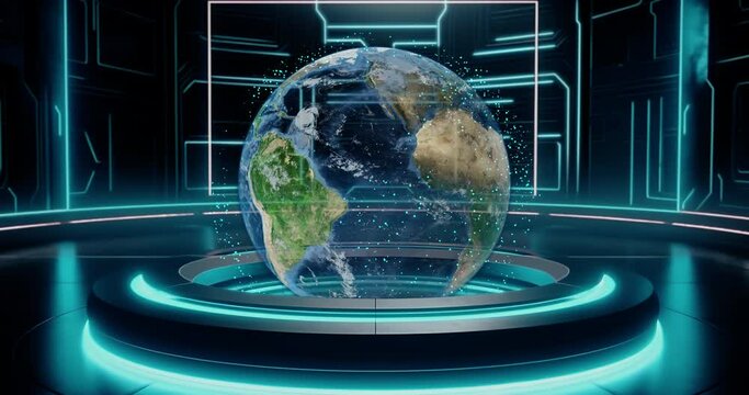 Earth globe hologram. Rotating planet earth with satellites in a futuristic Sci-Fi room