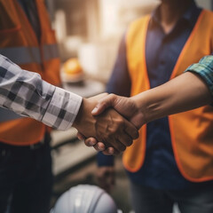 In a symbol of teamwork and cooperation, an architect and engineer construction workers share a firm handshake, marking the successful culmination of an agreement at the office construction site. 