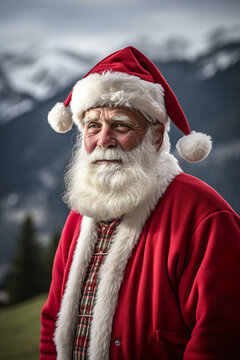 A man with a beard and a santa hat. Generative AI. Unconventional real life Santa Claus portrait.