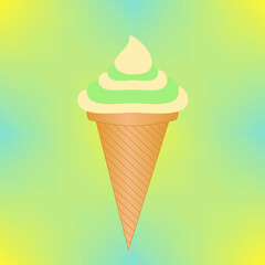 Pistachio ice cream in a waffle cone on a gradient background. Ice cream cone vector