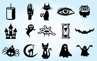 collection of isolated Halloween icons - moon, cats, pumpkins, candle, witch, castle, ghost, hats, spiders, bats, grave, broom, spiderweb etc. Editable vector, easy to change color or size. eps 10.