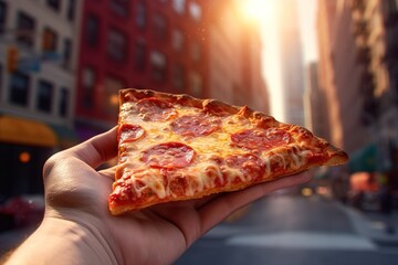 Hand holding delicious pepperoni pizza slice with the big city of New York as background. Generative AI