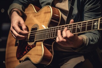 Obraz na płótnie Canvas Close up shot of guitarist playing acoustic guitar. Unrecognizable person. Generative AI