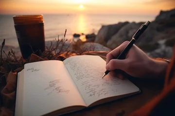 Tuinposter Traveler writing on his journal in front of lake at sunset. Close up shot. Generative AI © Pajaros Volando
