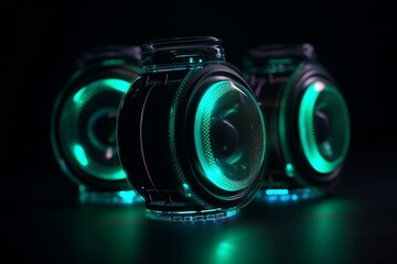 Fototapeta na wymiar Reflective neon speakers on dark background, close-up. Generative AI