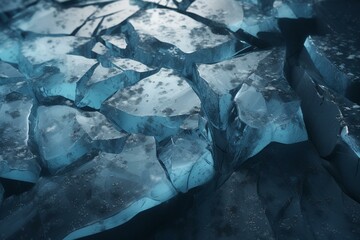 Cracks on blue ice in snowy winter mountains. Digital art. Generative AI