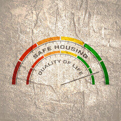 Abstract measuring device. Influence of safe housing on quality of life. Scales of cause and effect.