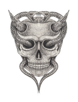 Surreal devil skull tattoo hand drawing on paper.