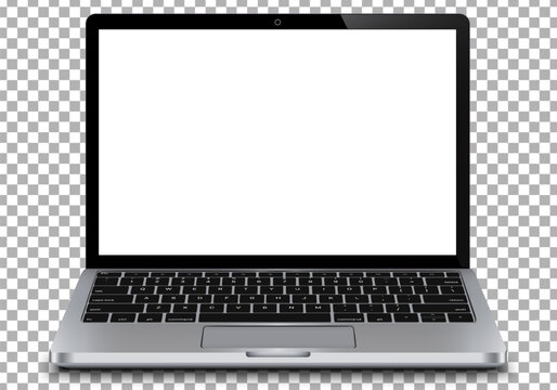 Realistic perspective front laptop mockup with keyboard isolated on background incline 90 degree. Computer notebook template. Blank mock modern computer with keypad backdrop. Digital desktop equipment