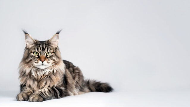 Main coon cat post on white background with copyspace (Generative AI)