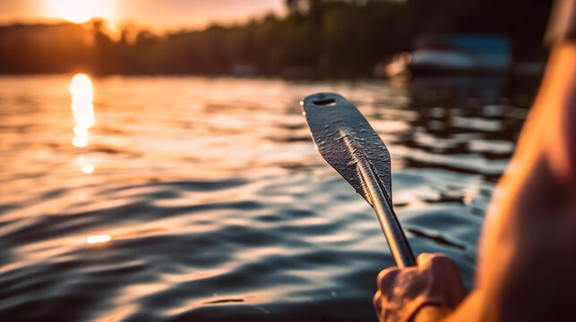 Kayak Paddle. Close up of man holding kayak paddle at sunset