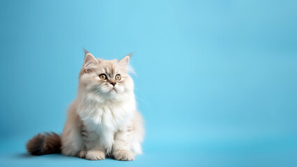 Fototapeta premium Scotthis fold cat post on blue background with copyspace (Generative AI)