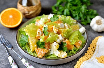 Salad with baked pumpkin, orange, feta cheese, lettuce, olive oil and grain mustard