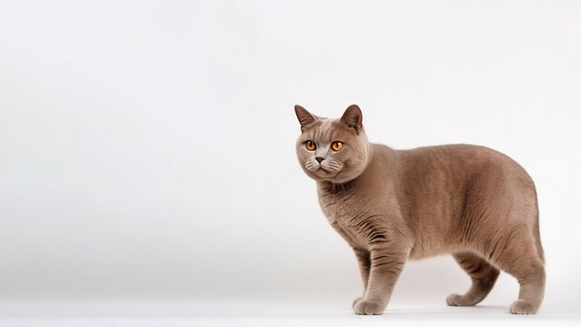 Brown british shorthair cat post on white background with copyspace (Generative AI)